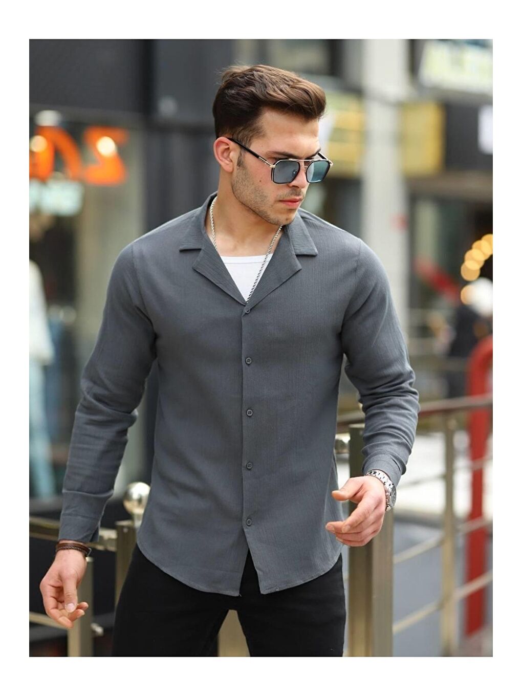 Gri Erkek Trend Kruvaze Yaka Füme Keten Gömlek-2