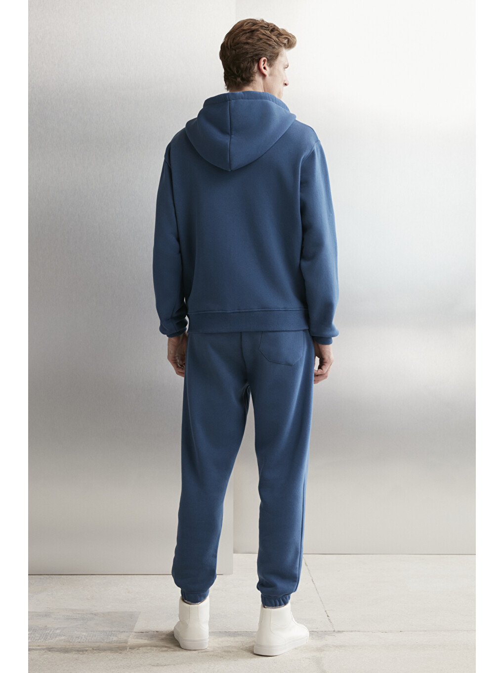 Aksel Erkek Yumuşacık Organik Pamuk Oversize Fermuarlı Baskılı Kapüşonlu Mavi Sweatshirt-5