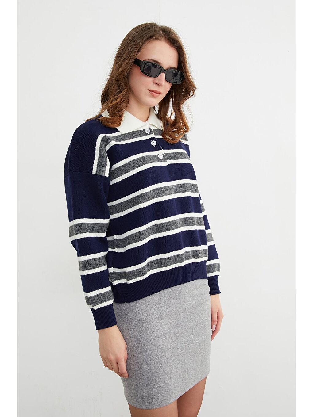 Lacivert Çizgili Yarım Düğmeli Polo Yaka Triko Kazak-1