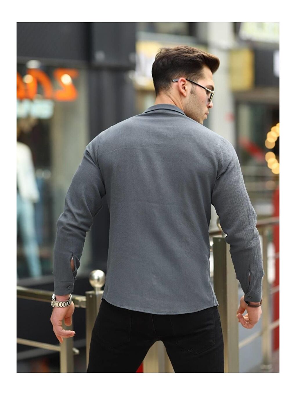 Gri Erkek Trend Kruvaze Yaka Füme Keten Gömlek-3