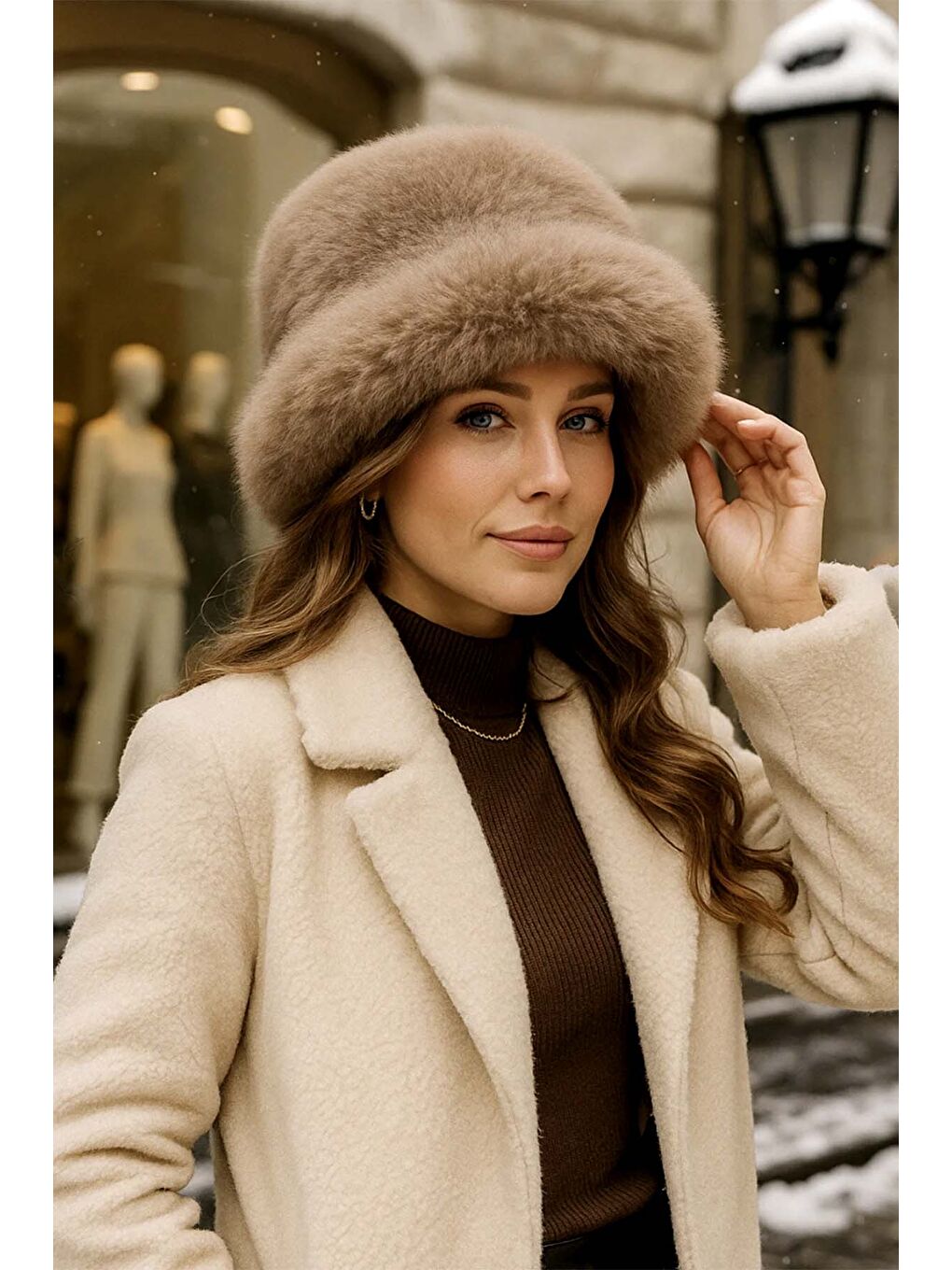 Bej Kadın Kürklü Bucket Kalpak Şapka 1142 RKŞ-15 Vizon-1