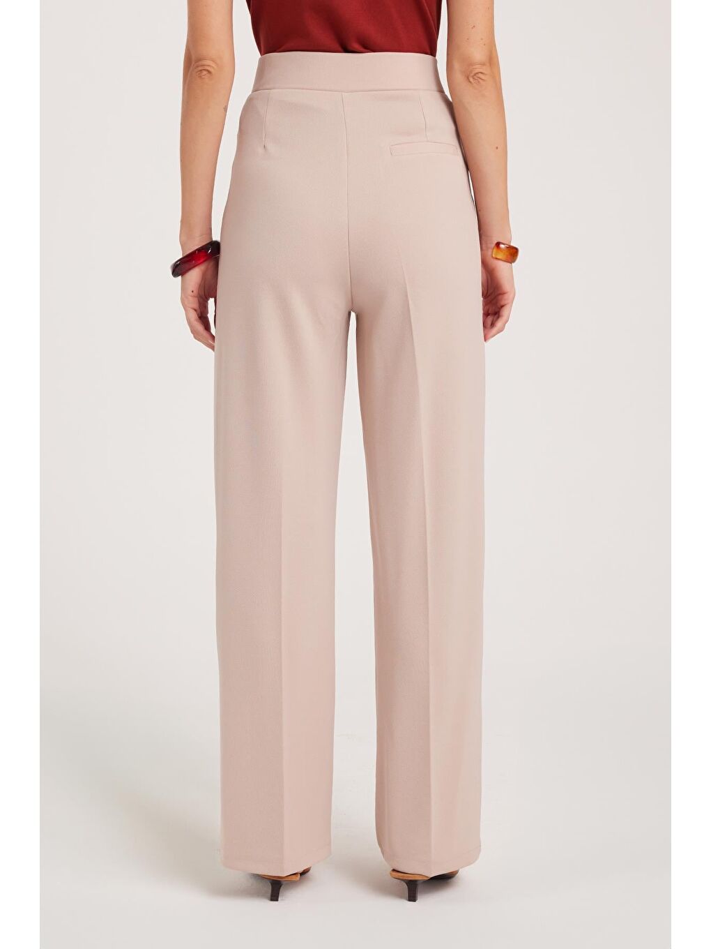Bej Kadın Regular Fit Klasik Kesim Cırt Kapamalı Geniş Paça Taş Pantolon-6
