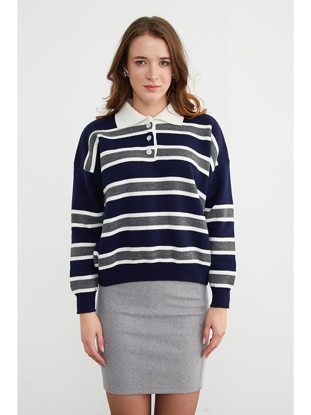 Lacivert Çizgili Yarım Düğmeli Polo Yaka Triko Kazak-2