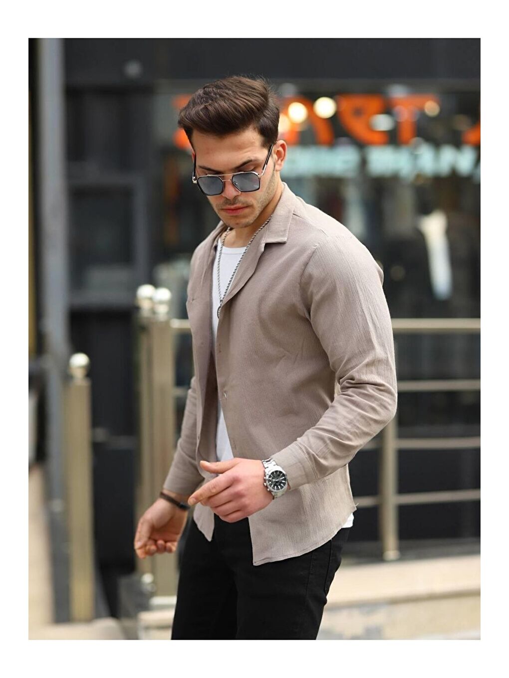 Bej Erkek Trend Kruvaze Yaka Kahve Keten Gömlek