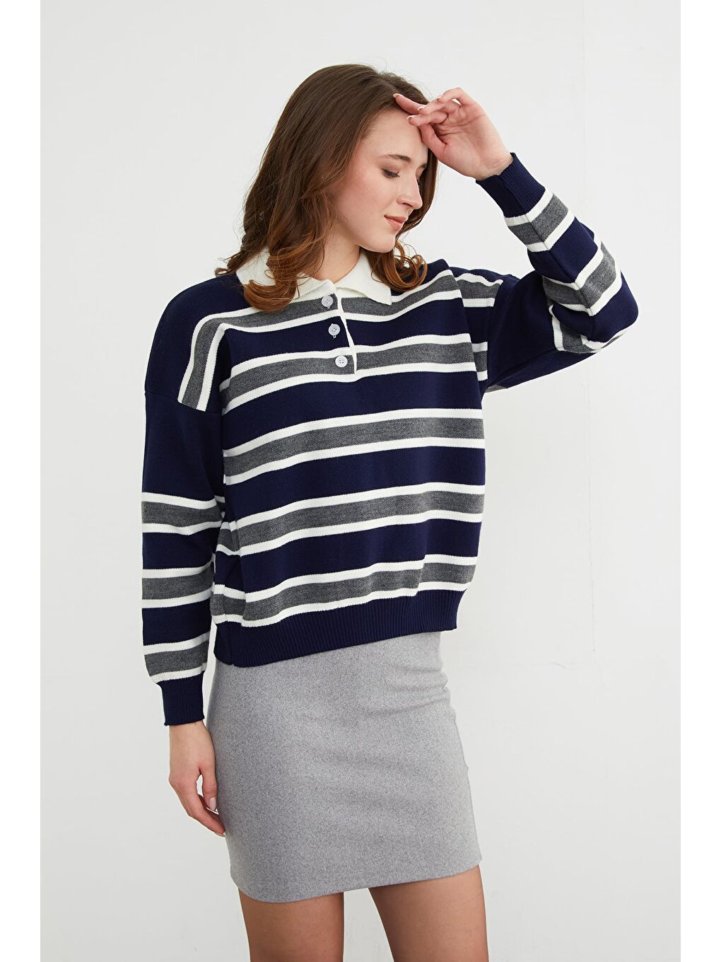 Lacivert Çizgili Yarım Düğmeli Polo Yaka Triko Kazak-3