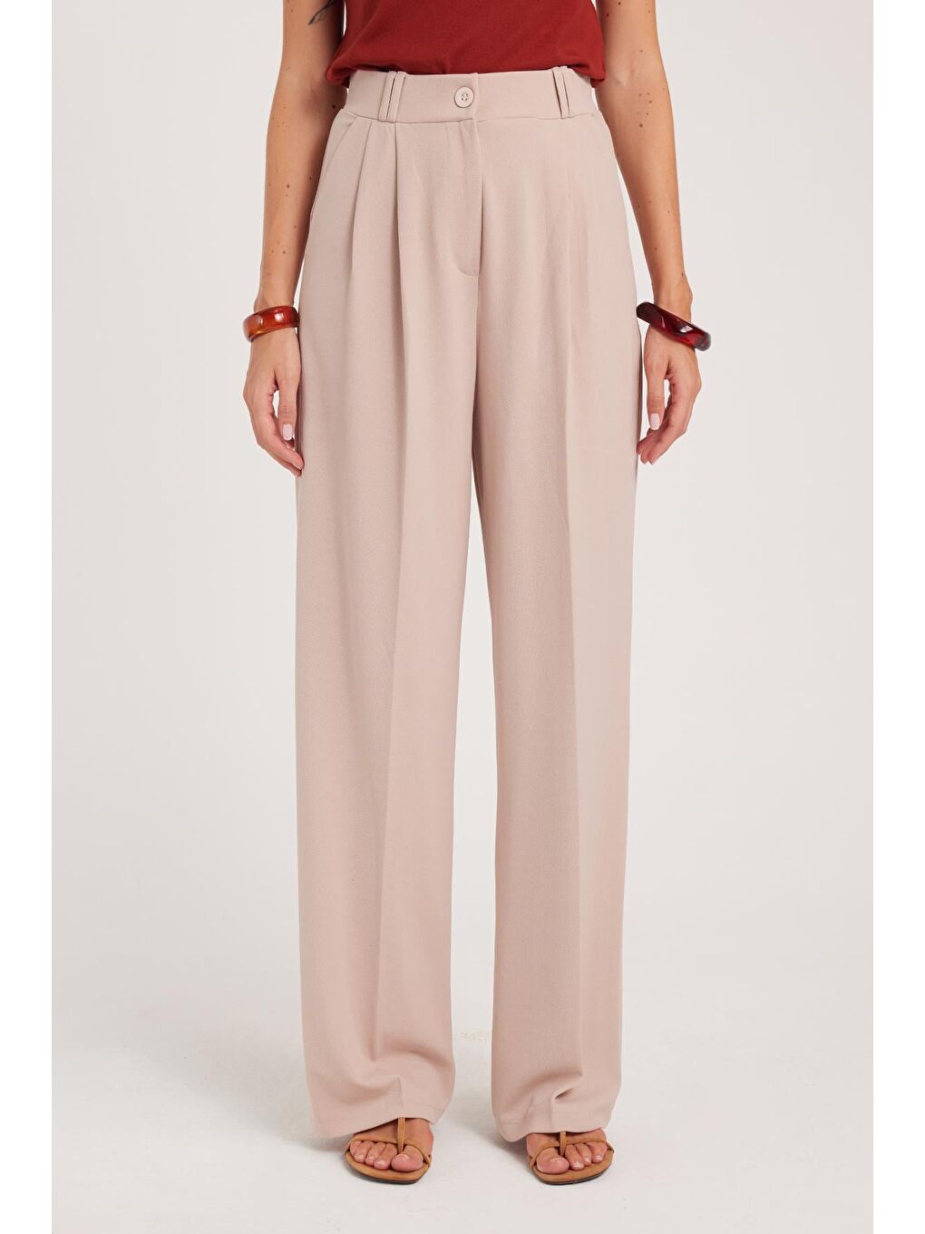 Bej Kadın Regular Fit Klasik Kesim Yüksel Bel Geniş Paça Taş Pantolon