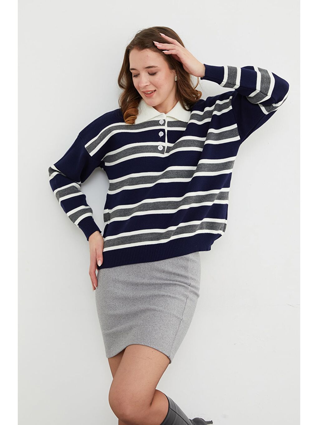 Lacivert Çizgili Yarım Düğmeli Polo Yaka Triko Kazak-4
