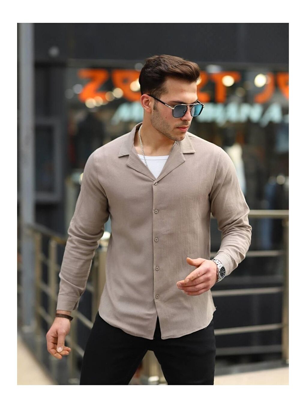 Bej Erkek Trend Kruvaze Yaka Kahve Keten Gömlek-1