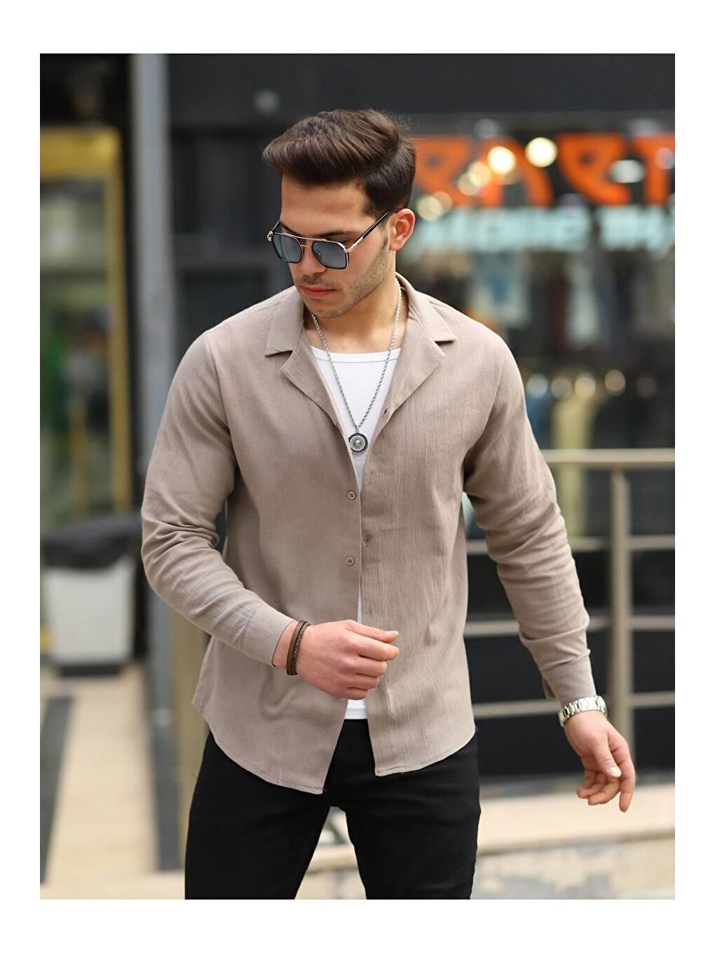Bej Erkek Trend Kruvaze Yaka Kahve Keten Gömlek-2
