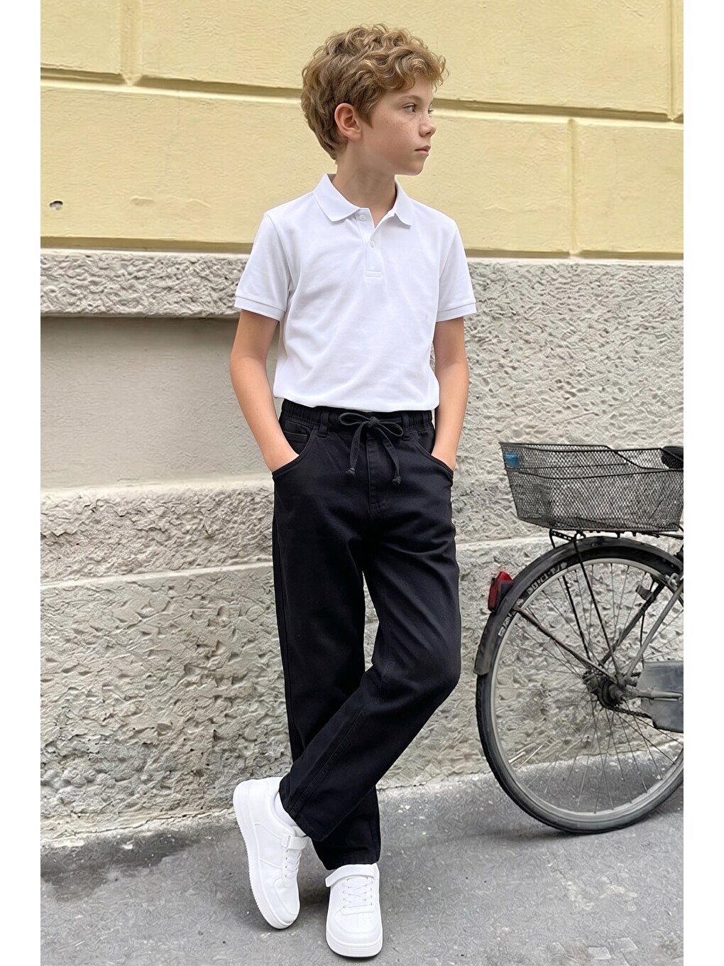 Siyah Beli Bağlamalı Baggy Erkek Çocuk Pantolon