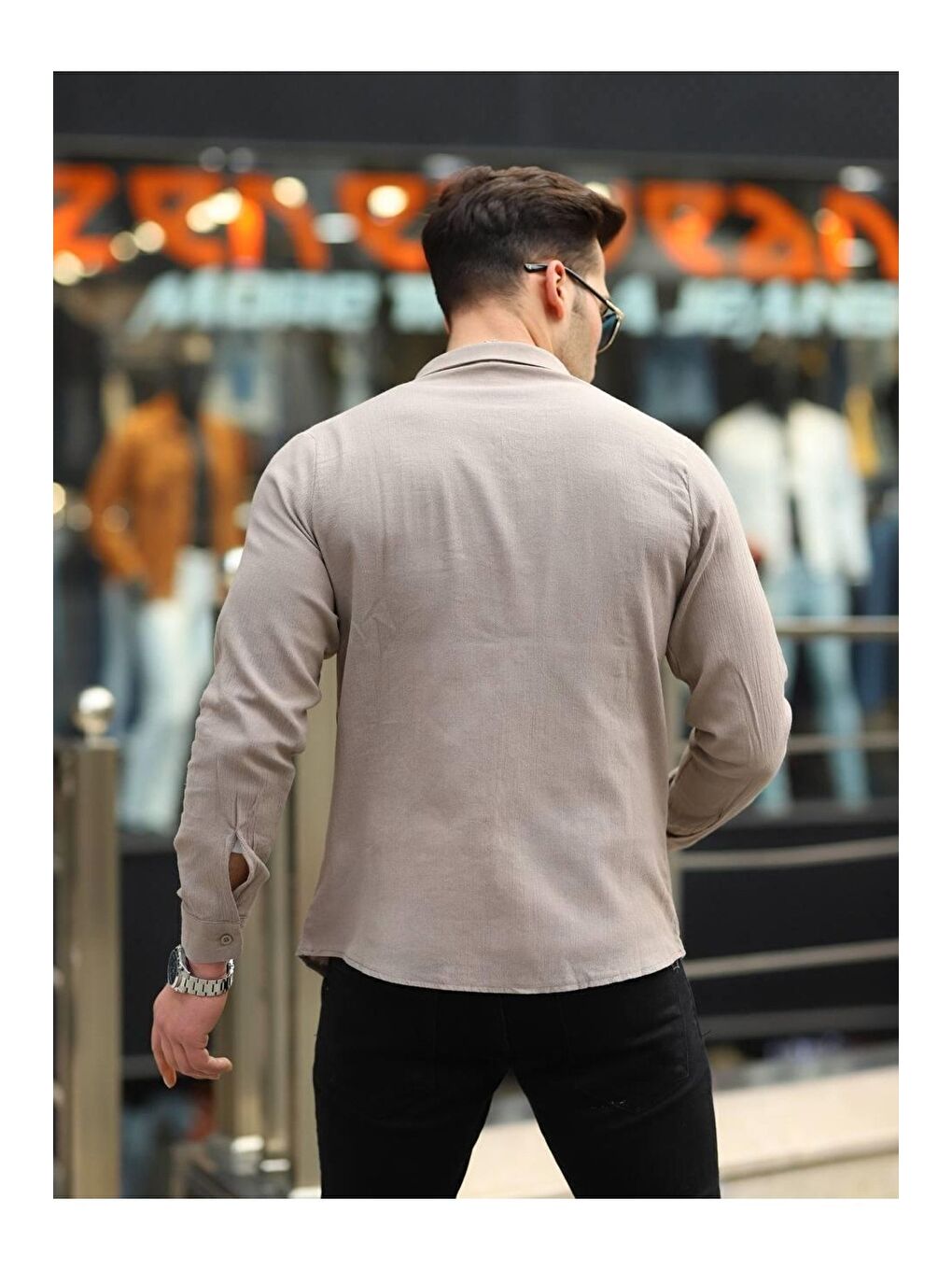 Bej Erkek Trend Kruvaze Yaka Kahve Keten Gömlek-3