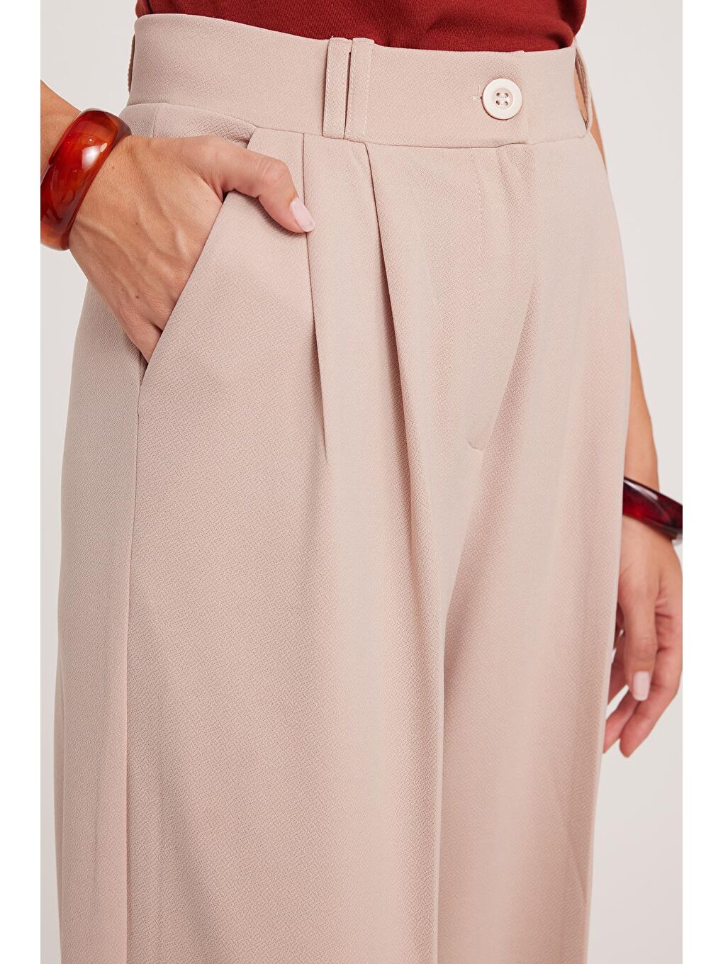 Bej Kadın Regular Fit Klasik Kesim Yüksel Bel Geniş Paça Taş Pantolon-2