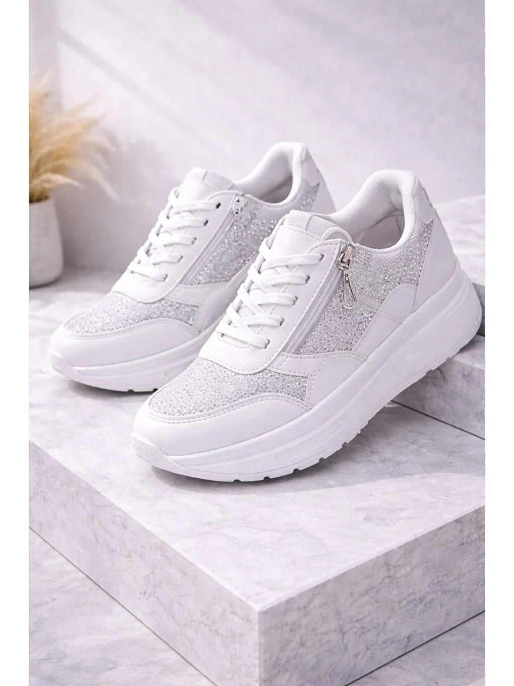 Beyaz Yan Fermuarlı Işıltılı Trend 5 Cm Platform Kadın Sneaker Spor Ayakkabı