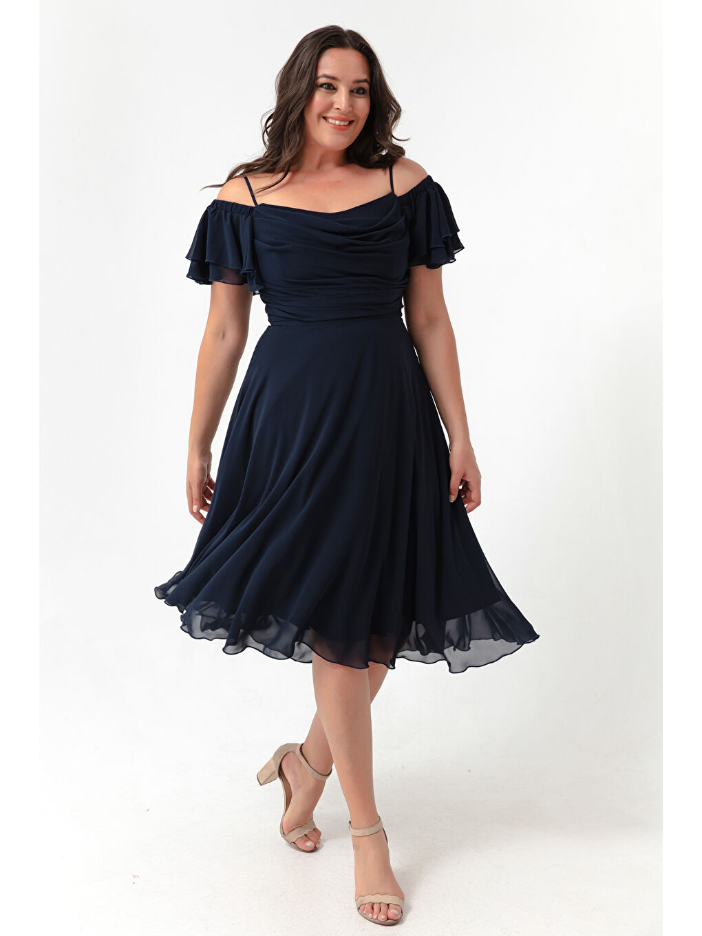 Kadın Lacivert Askılı Kloş Kesim Midi Büyük Beden Abiye Elbise-1