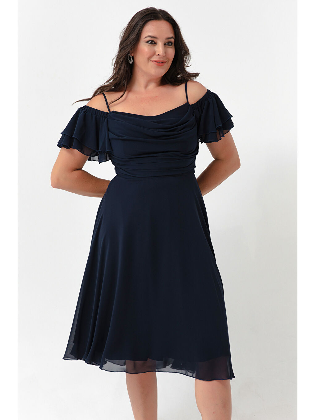 Kadın Lacivert Askılı Kloş Kesim Midi Büyük Beden Abiye Elbise-2