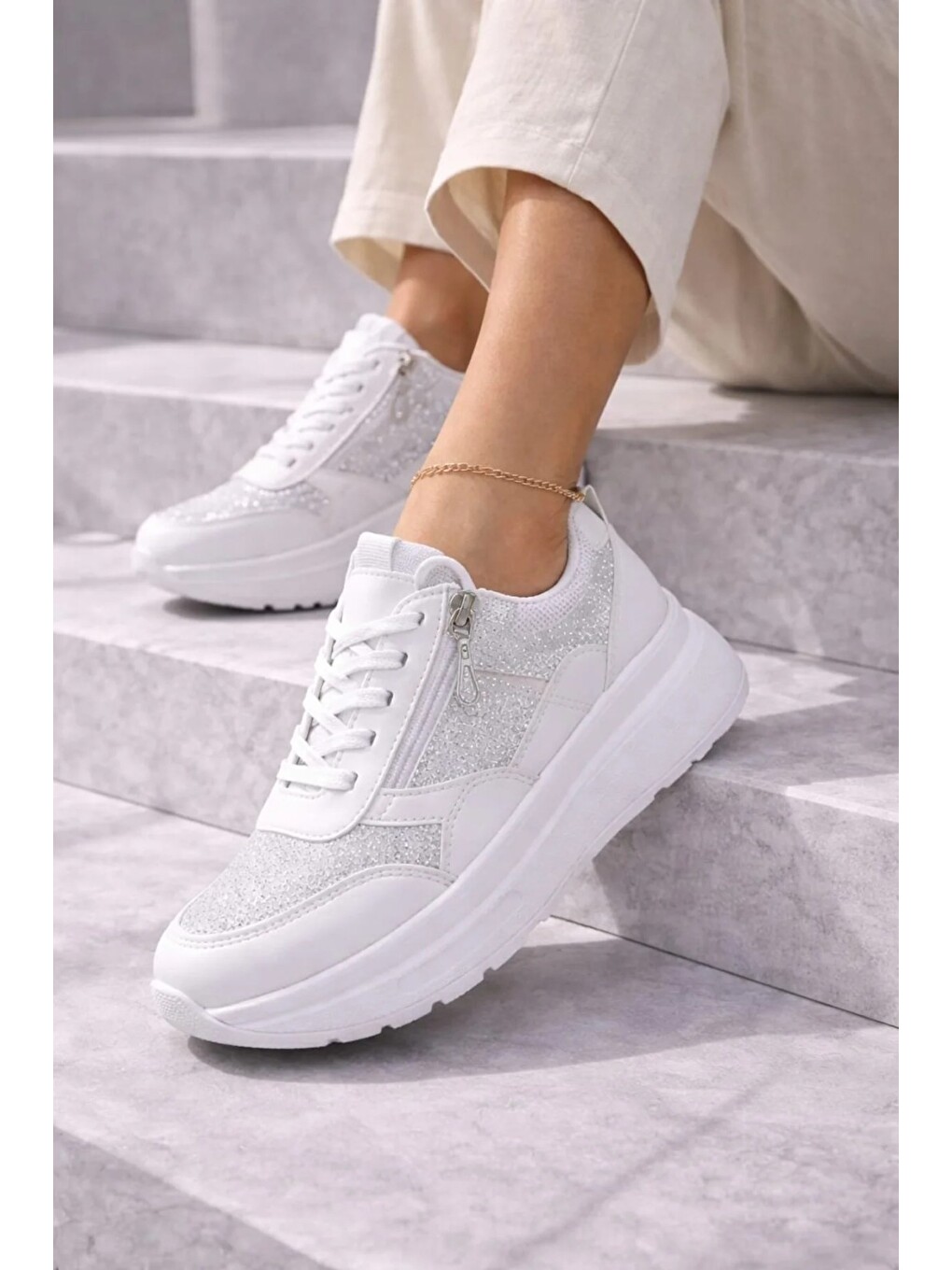 Beyaz Yan Fermuarlı Işıltılı Trend 5 Cm Platform Kadın Sneaker Spor Ayakkabı-1