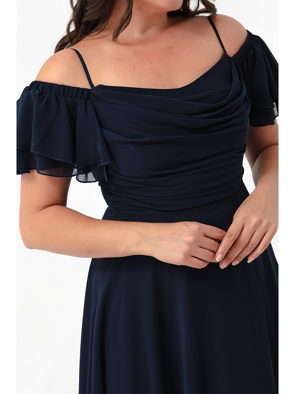 Kadın Lacivert Askılı Kloş Kesim Midi Büyük Beden Abiye Elbise-3