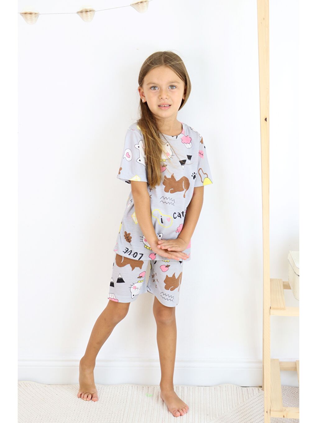 Kahverengi Kız Çocuk Pamuklu Penye Kumaş Şortlu Pijama Takımı-6