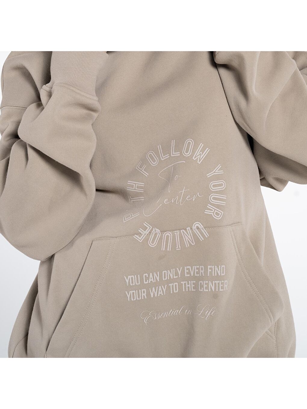 Disu Kadın Açık Bej Kanguru Cepli Kapüşonlu Ekstra Oversize Sweatshirt Hoodie-4