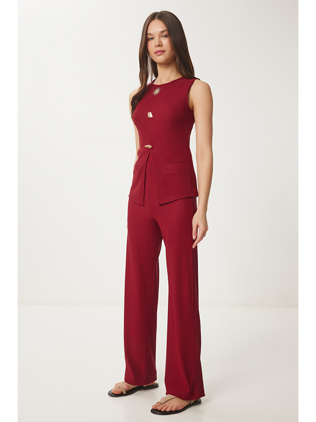 Bordo Dore Aksesuarlı Fitilli Alt-Üst Takım BORDO LZH0013-2