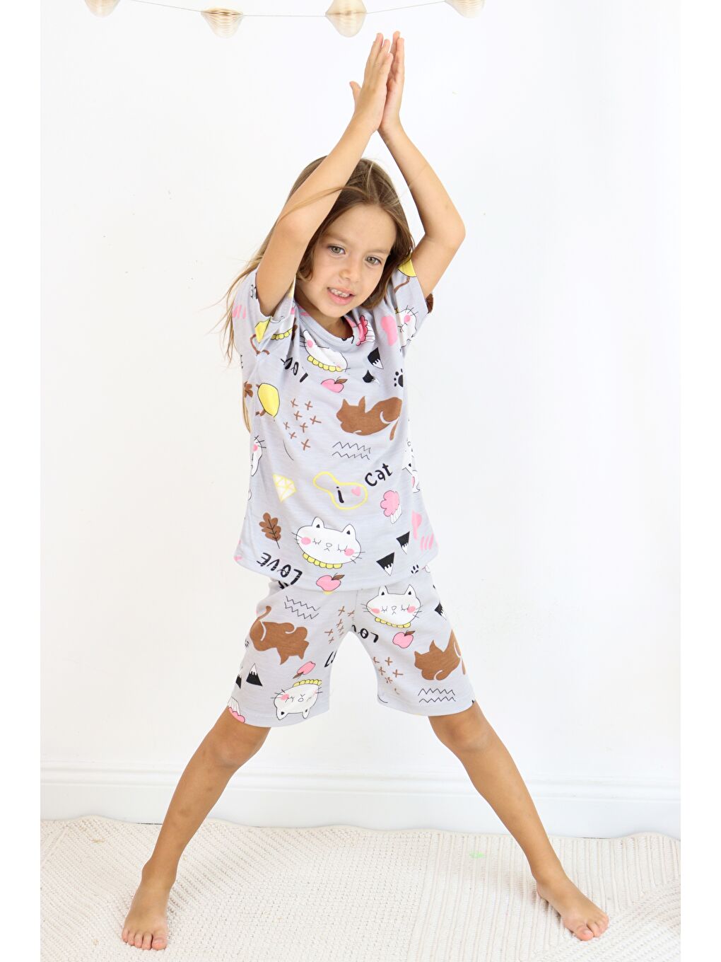 Kahverengi Kız Çocuk Pamuklu Penye Kumaş Şortlu Pijama Takımı-7