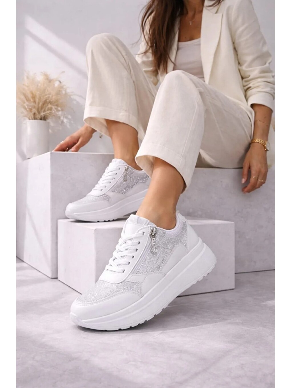 Beyaz Yan Fermuarlı Işıltılı Trend 5 Cm Platform Kadın Sneaker Spor Ayakkabı-2