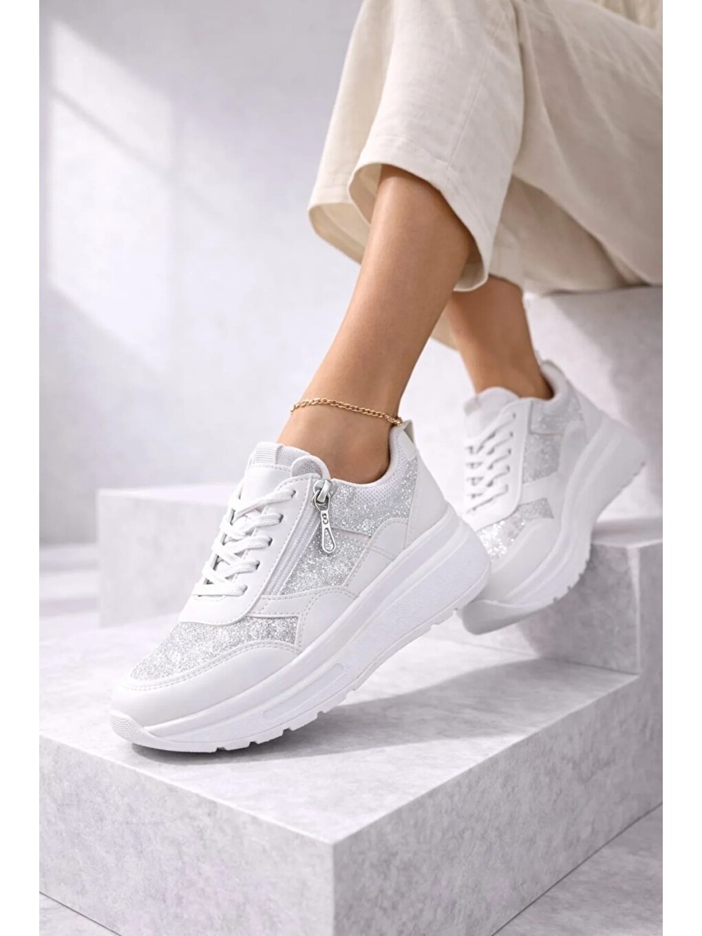 Beyaz Yan Fermuarlı Işıltılı Trend 5 Cm Platform Kadın Sneaker Spor Ayakkabı-3