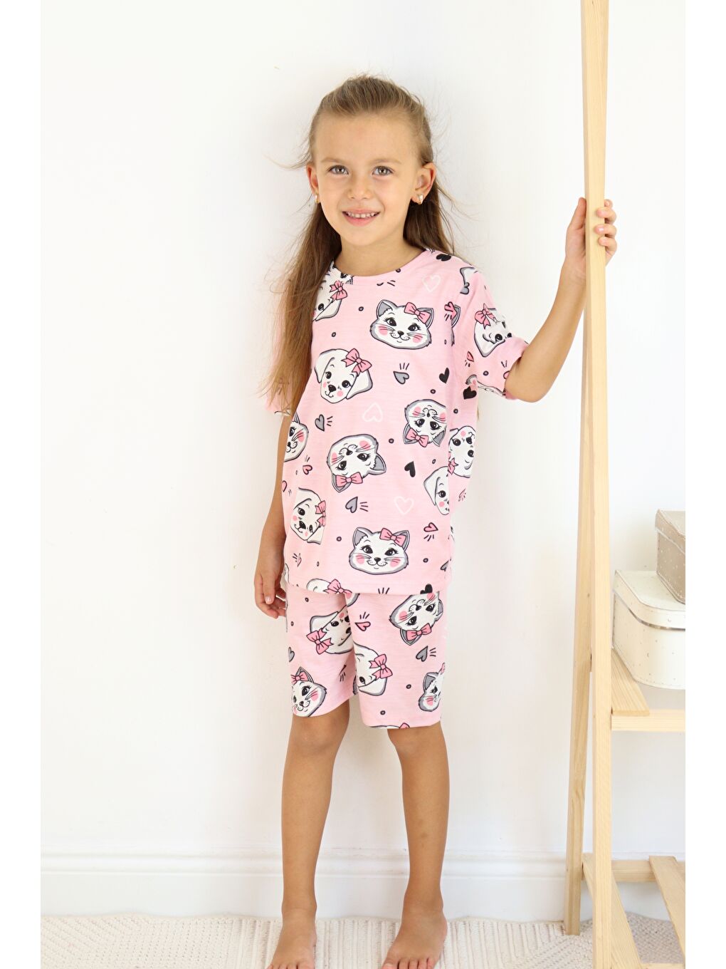 Gri Kız Çocuk Pamuklu Penye Kumaş Şortlu Pijama Takımı-6