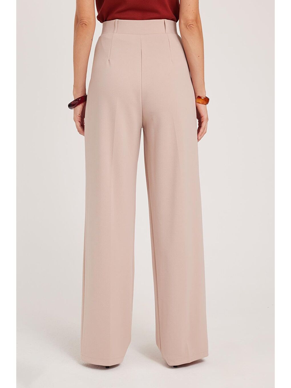 Bej Kadın Regular Fit Klasik Kesim Yüksel Bel Geniş Paça Taş Pantolon-6