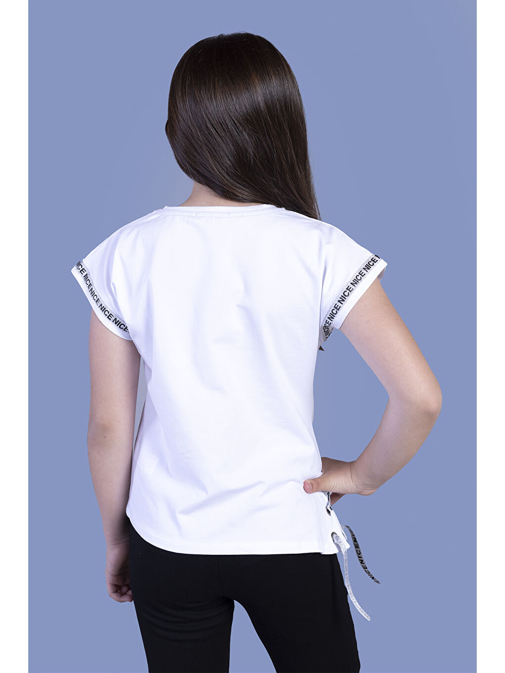 Beyaz Kız Çocuk Şerit Detaylı Baskılı Tişört-4