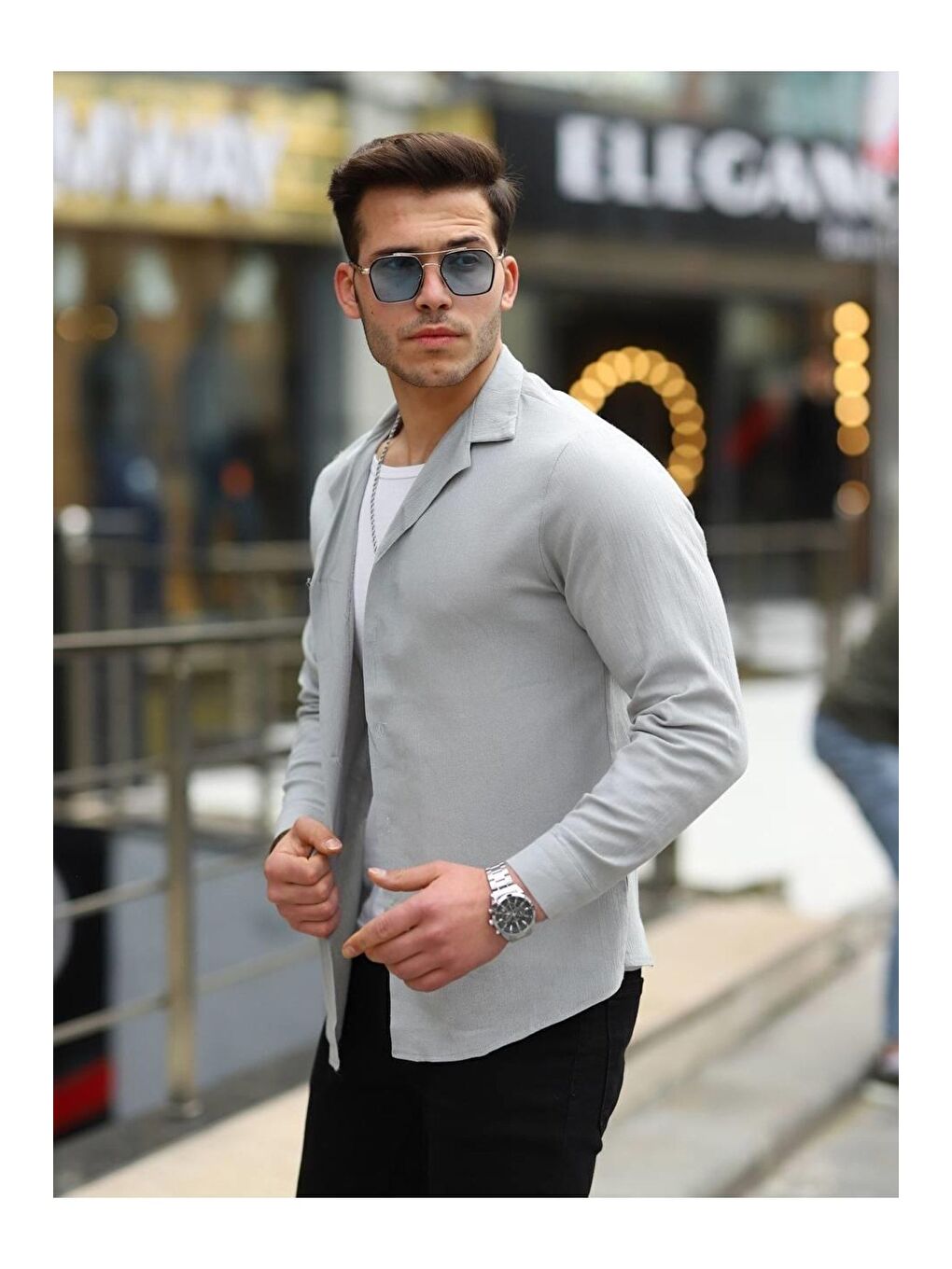 Erkek Trend Kruvaze Yaka Gri Keten Gömlek-1