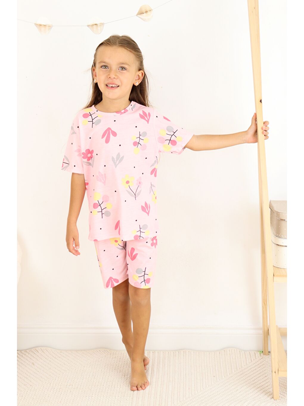 Pembe Kız Çocuk Pamuklu Penye Kumaş Şortlu Pijama Takımı-2