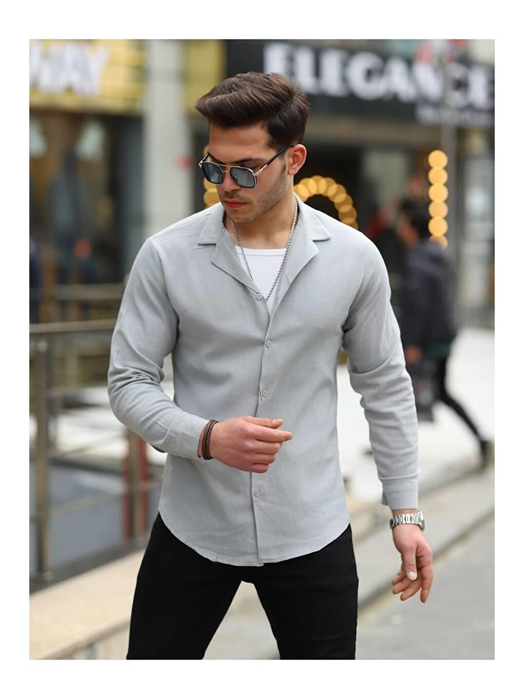 Erkek Trend Kruvaze Yaka Gri Keten Gömlek-2