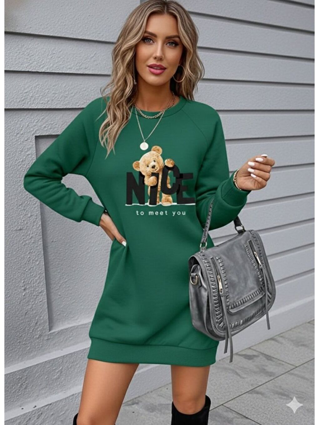 Yeşil Kadın Uzun Kollu Bisiklet Yaka Ayı Desenli Viskon Iki Iplik Elbise-1