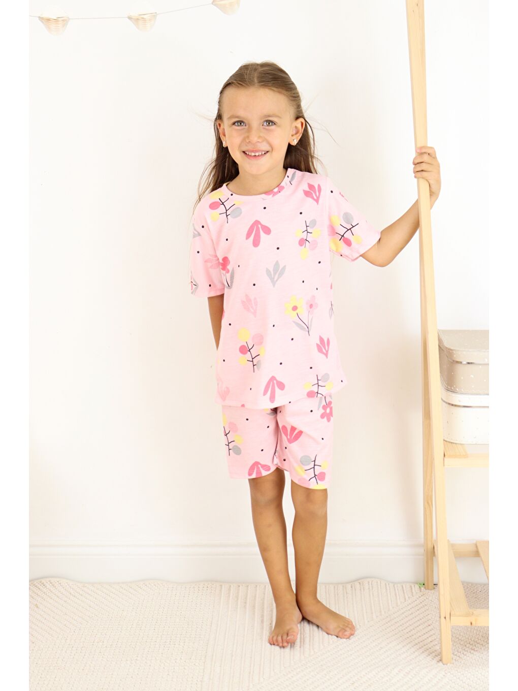 Pembe Kız Çocuk Pamuklu Penye Kumaş Şortlu Pijama Takımı-3