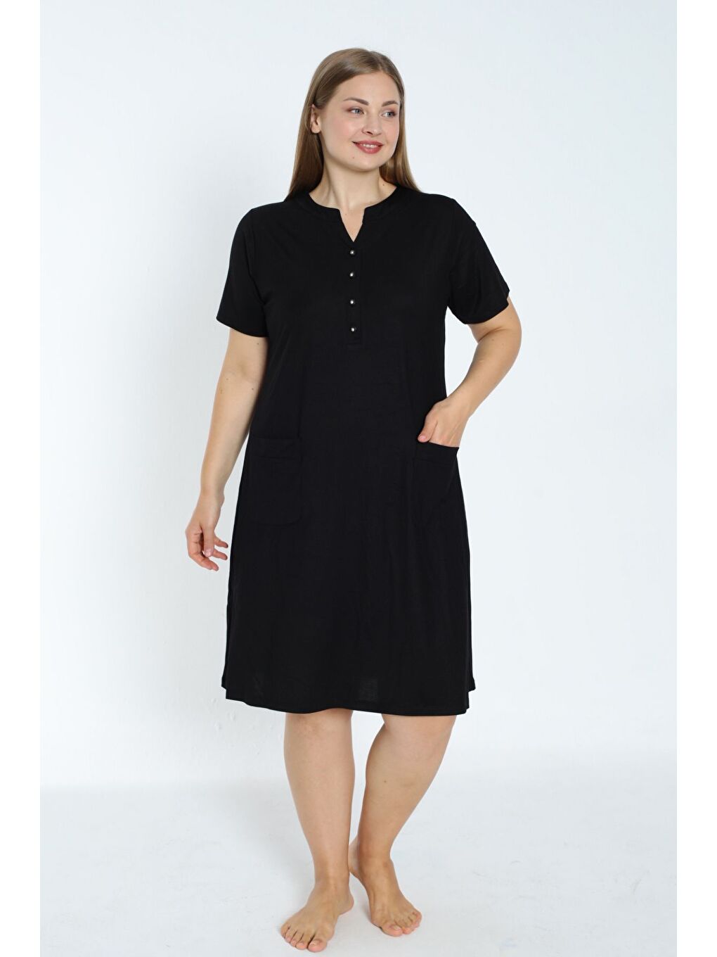 Siyah Kadın siyah büyük beden kısa kollu cepli düğmeli elbise-1