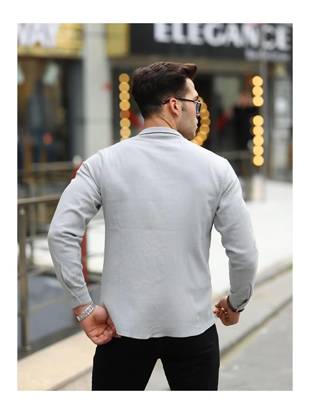 Erkek Trend Kruvaze Yaka Gri Keten Gömlek-3