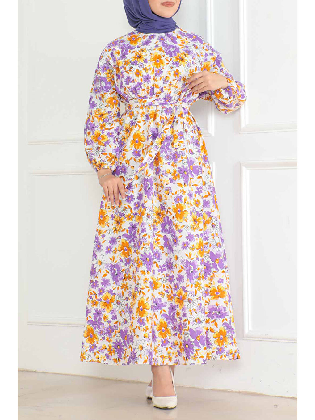 Desenli Kolu Büzgülü Elbise Lila - 26621