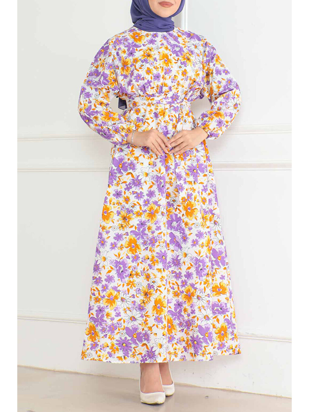 Desenli Kolu Büzgülü Elbise Lila - 26621-1