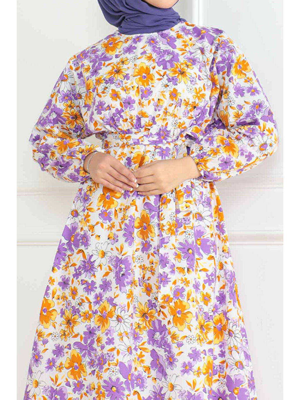 Desenli Kolu Büzgülü Elbise Lila - 26621-2