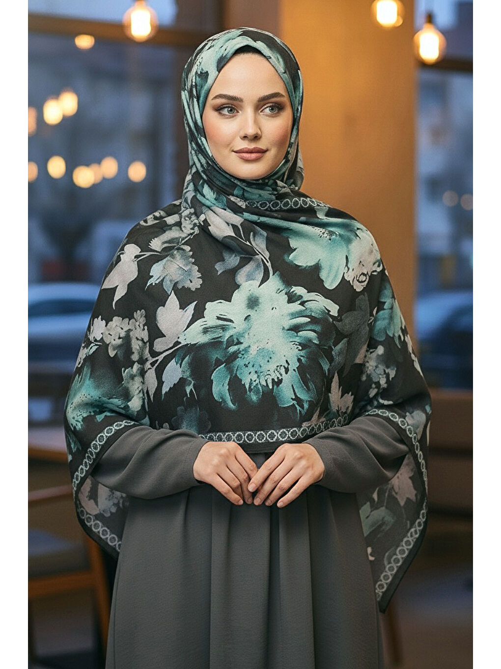 Midnight Bloom Serisi Pamuk Şal Petrol - 27986-PETROL