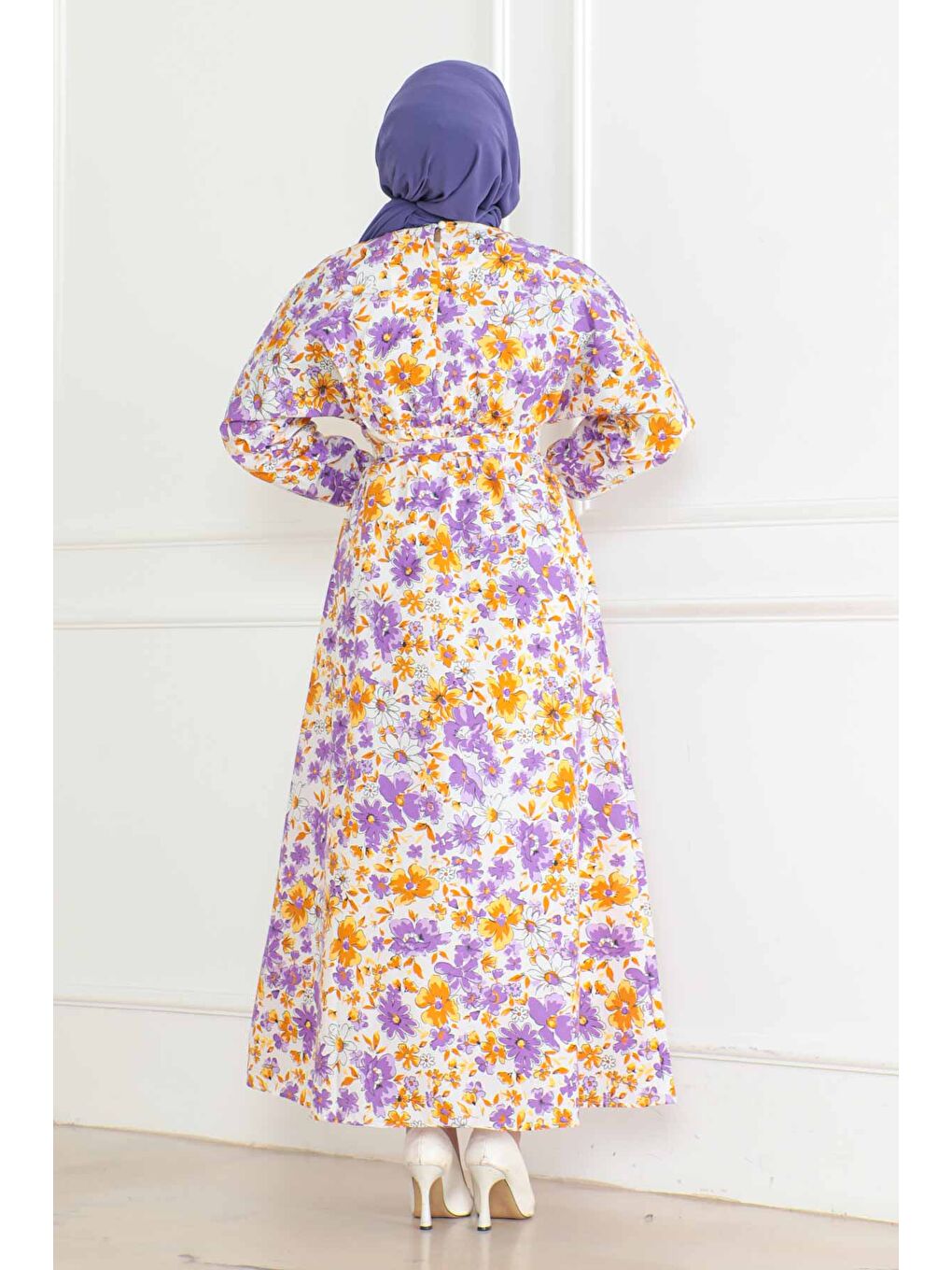 Desenli Kolu Büzgülü Elbise Lila - 26621-3