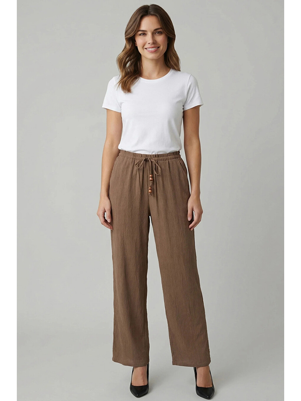 Bej Onlnele Wide Leg Geniş Paça Belden Bağlamalı Pantolon 15370054