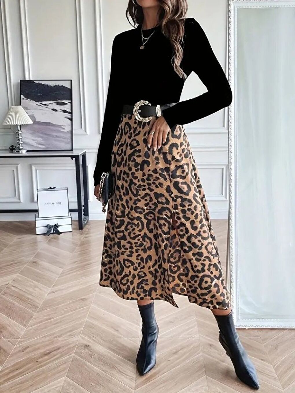 Siyah Kadın Uzun Kollu Bisiklet Yaka Ithal Krep Bluz Alt Desenli Modal Midi Elbise