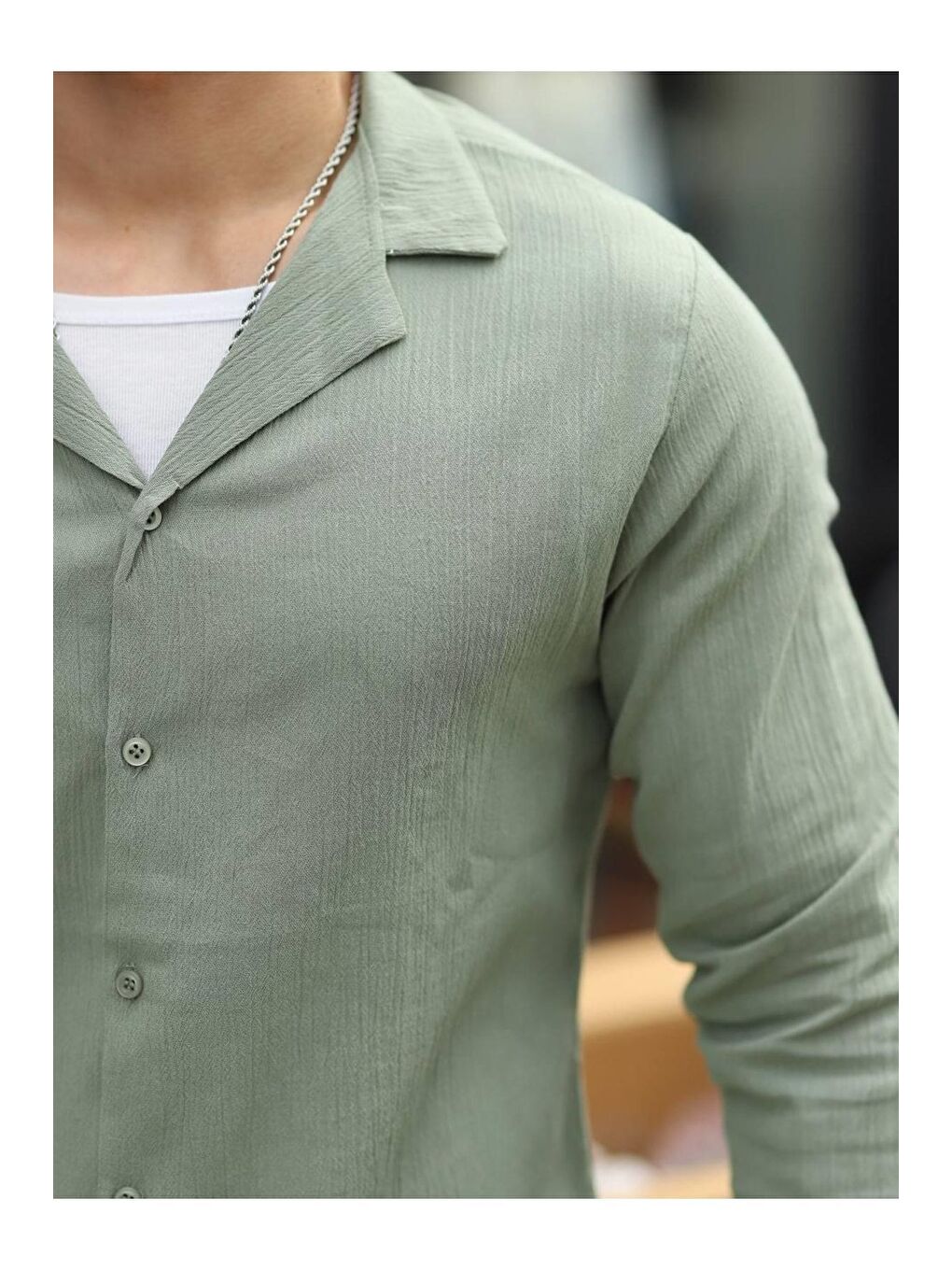 Erkek Trend Kruvaze Yaka Yeşil Keten Gömlek-1