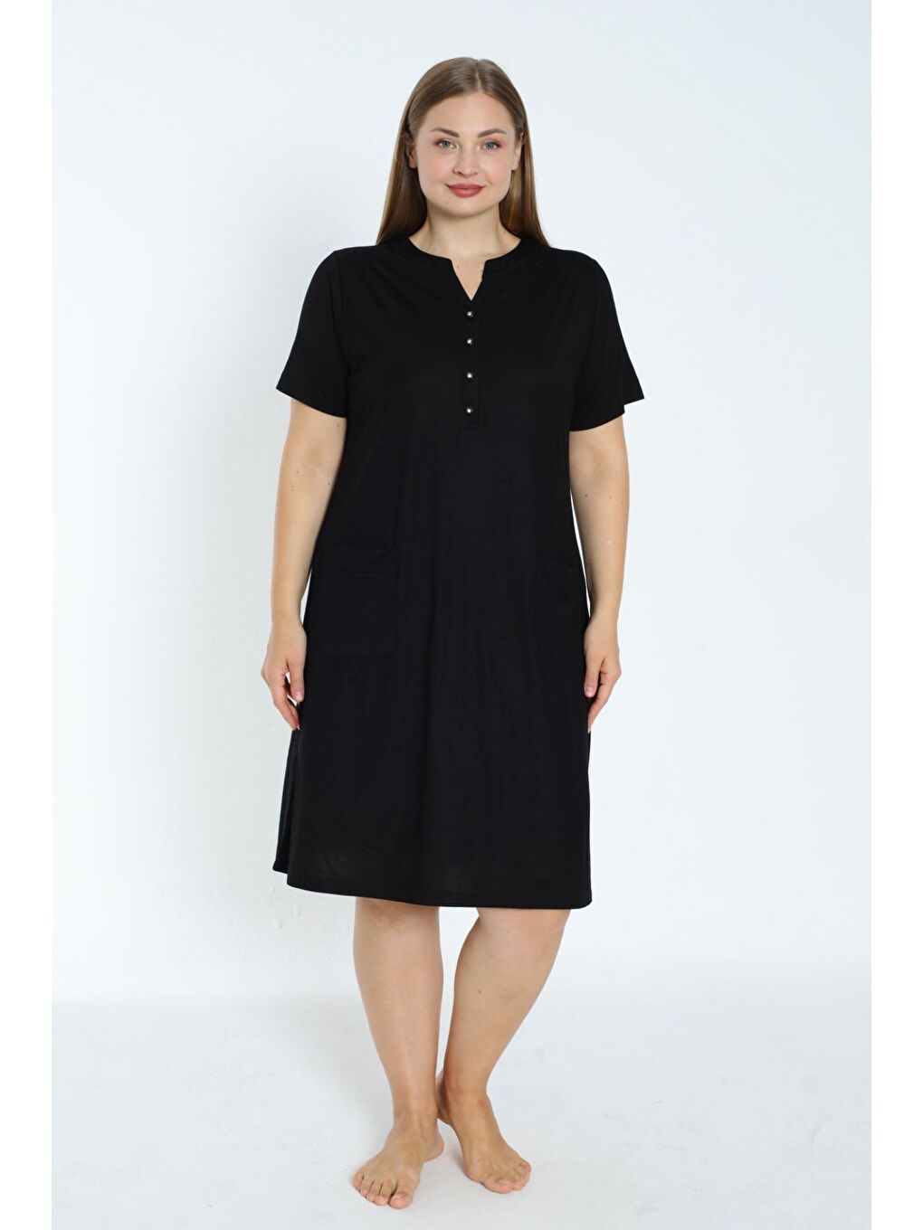 Siyah Kadın siyah büyük beden kısa kollu cepli düğmeli elbise-2