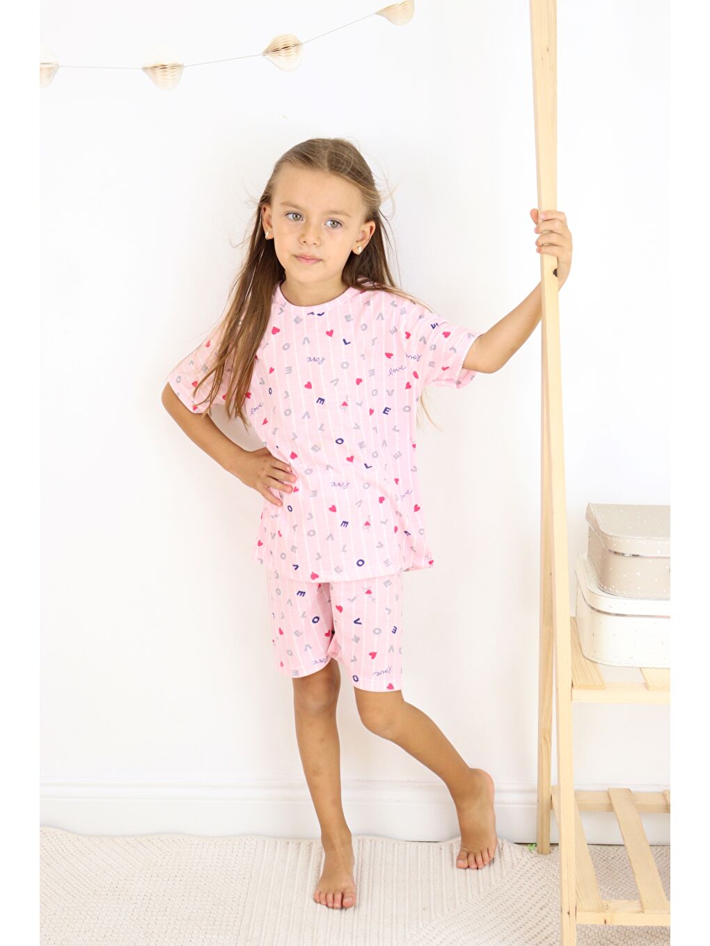 Pembe Kız Çocuk Pamuklu Penye Kumaş Şortlu Pijama Takımı-1