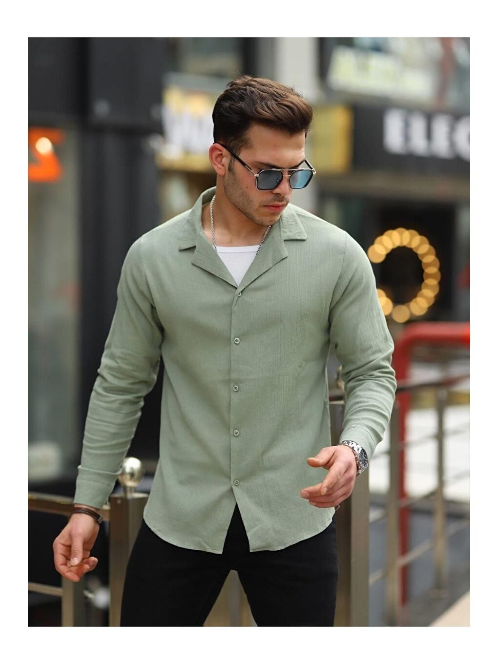 Erkek Trend Kruvaze Yaka Yeşil Keten Gömlek-2