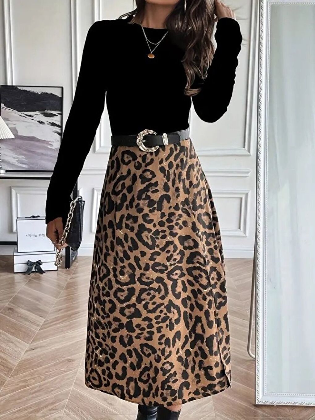 Siyah Kadın Uzun Kollu Bisiklet Yaka Ithal Krep Bluz Alt Desenli Modal Midi Elbise-2