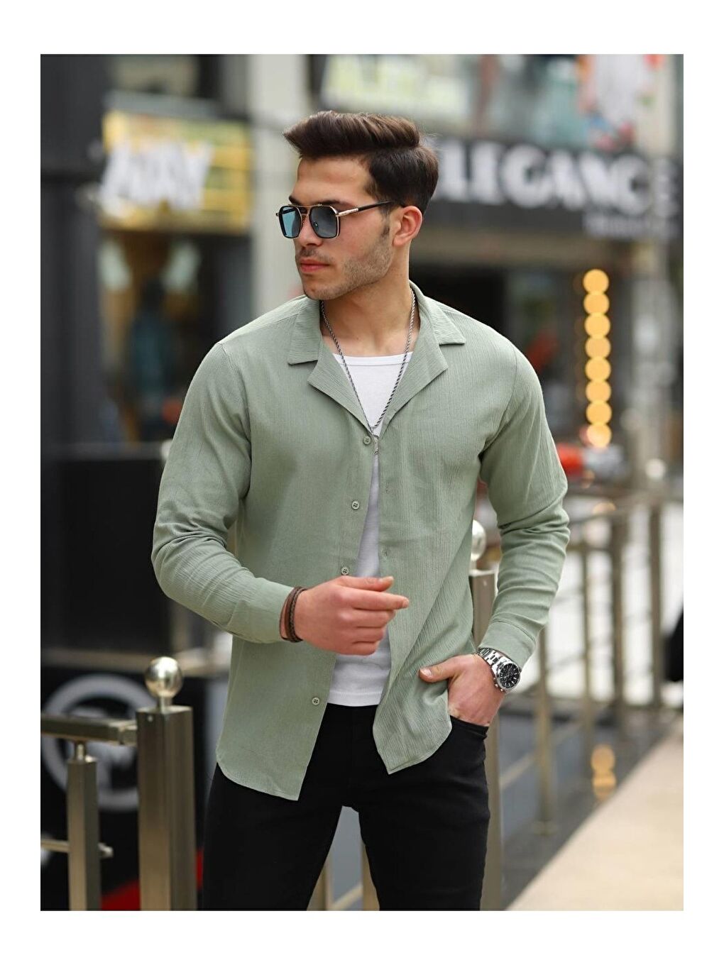 Erkek Trend Kruvaze Yaka Yeşil Keten Gömlek-3